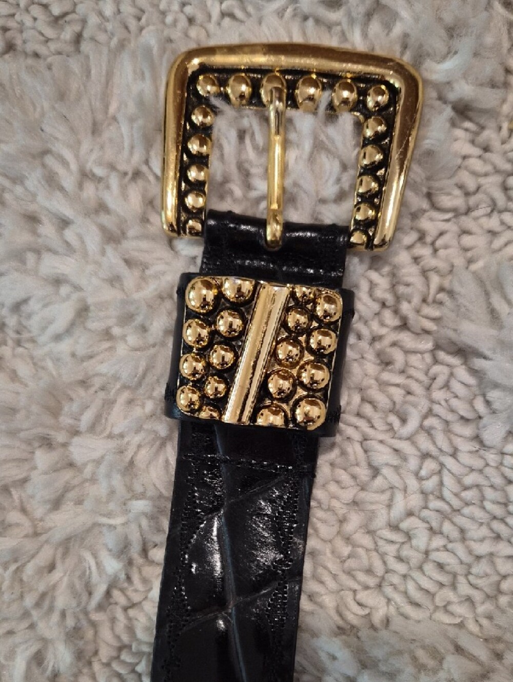ITALIAN leather Black Croc-Embossed Women's Belt with Gold Stud Accents